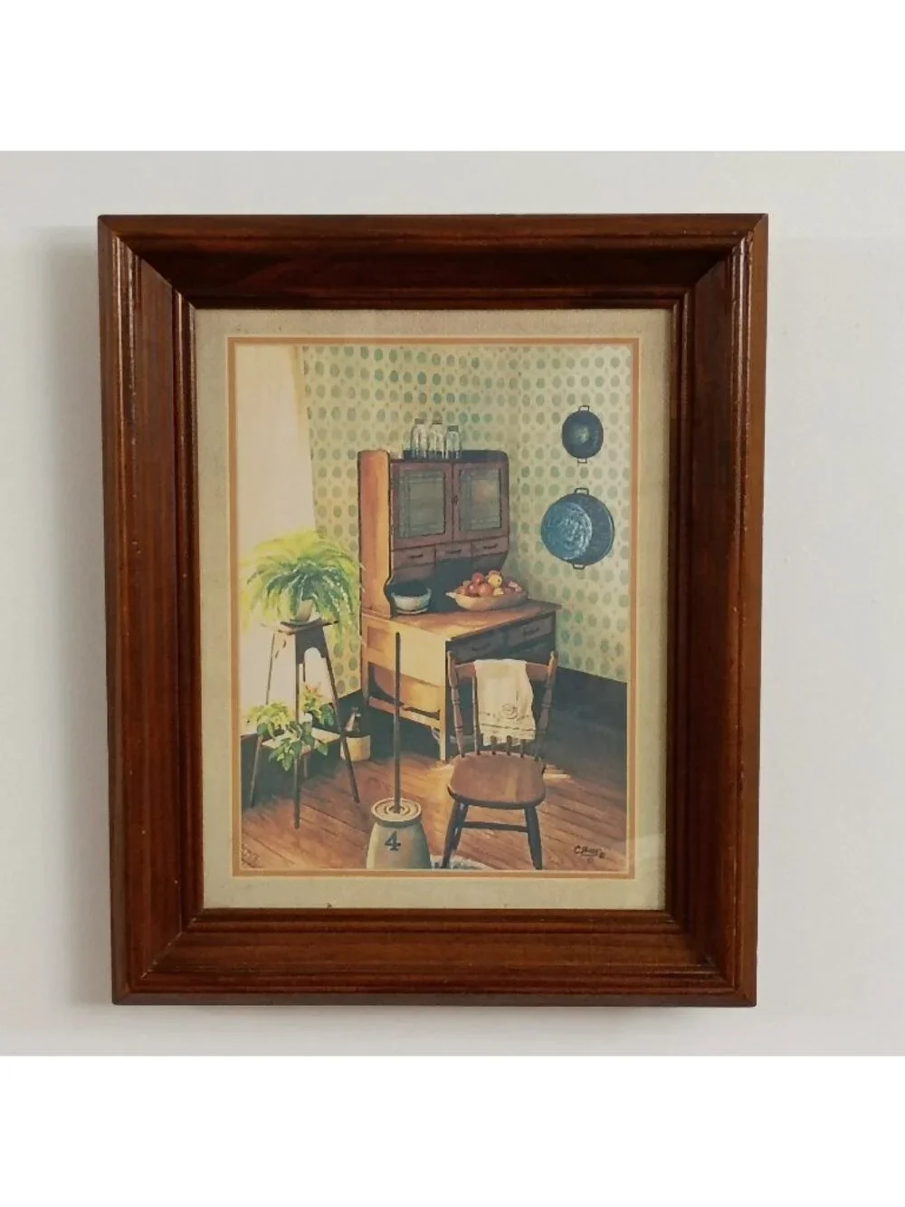 Vintage 1981 Signed Kitchen Print by C. Wray Farmhouse Wall Art in Wood Frame